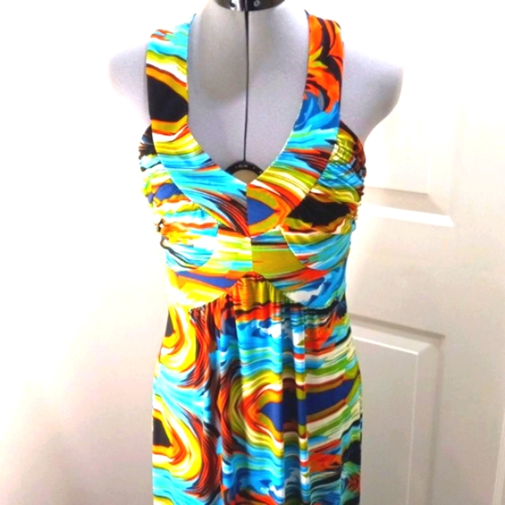 Susan Lawrence Sz S Beautiful Multi Colored V Neck,Chris Cross Back Maxi Dress